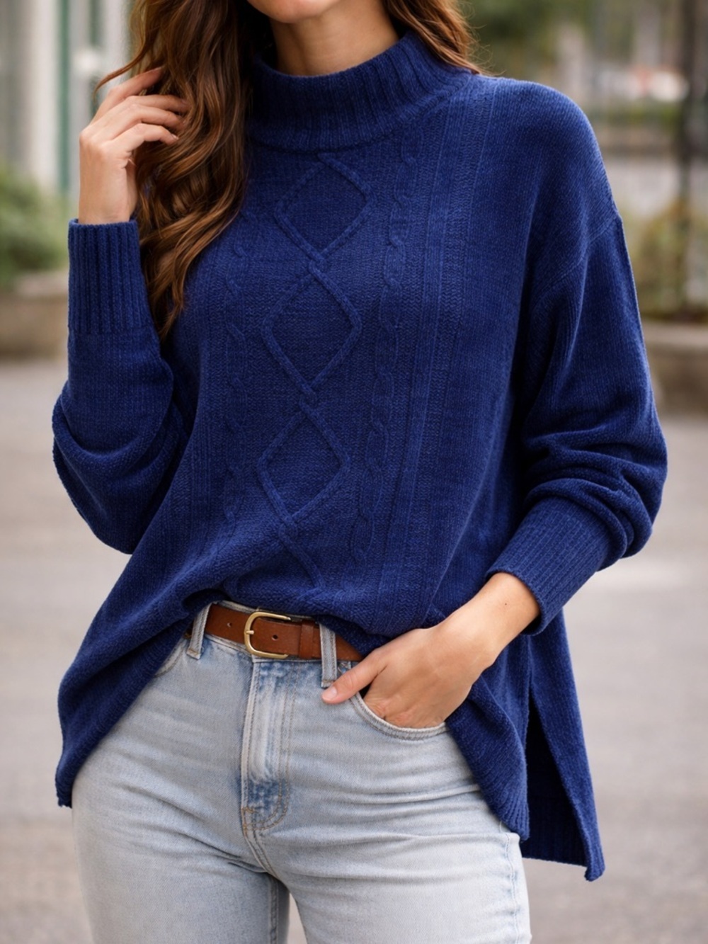 KAREN SCOTT | Vintage Velour Navy Cable Turtleneck Sweater
